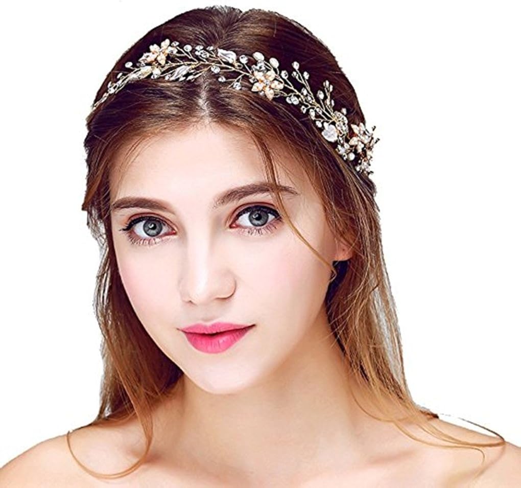 aliany 新娘复古水晶珍珠发带婚礼发饰(金色)